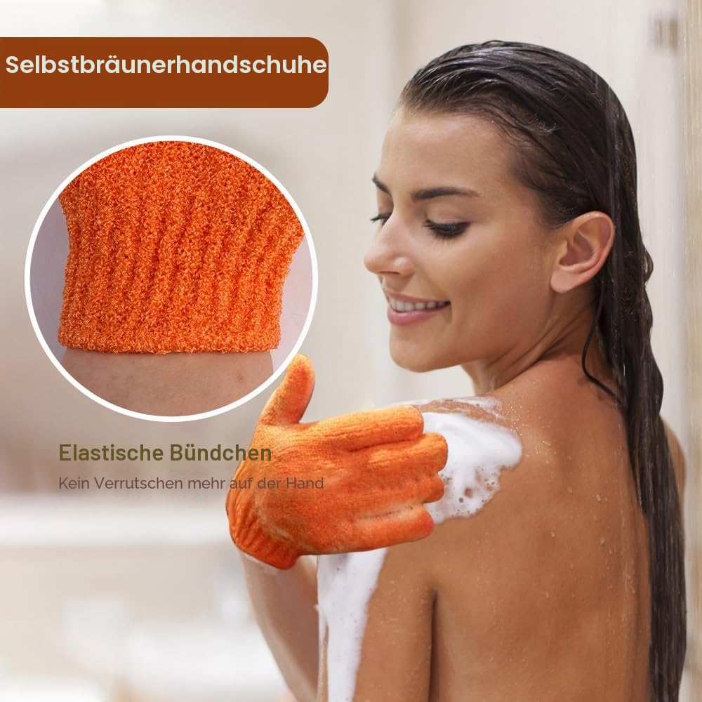 Selbstbräuner Handschuh Set mit Pinsel, 5 in 1 Mit Exfoliating Handschuh, Bräunungshandschuh, Selbstbräuner Rücken Applikator, Gesichtshandschuh Für Selbstbräuner, Waschbar Handschuhe, Braun Kosmetik