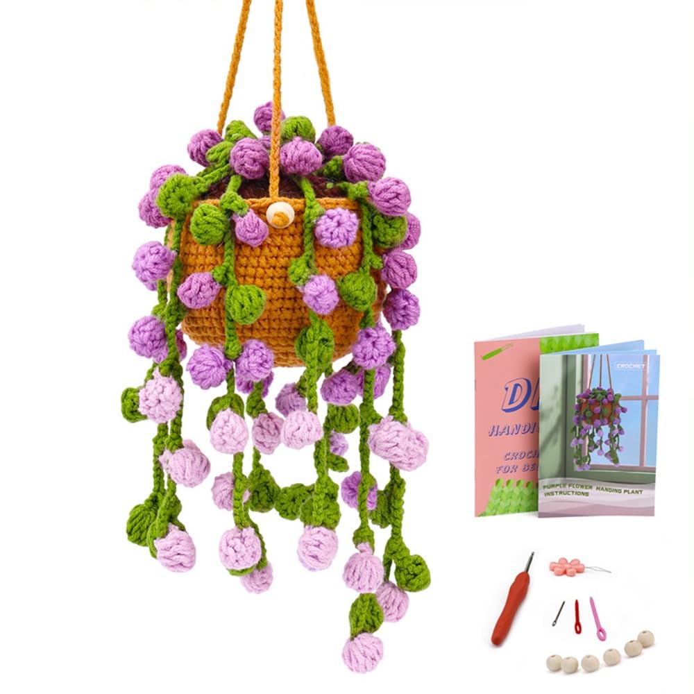 SSDH Beginner Crochet Kit Hanging Plant Crochet Kit Handmade Crochet Yarn with Instructions and Video Tutorial Crochet Hanging Basket Home Decor (Purple 1)