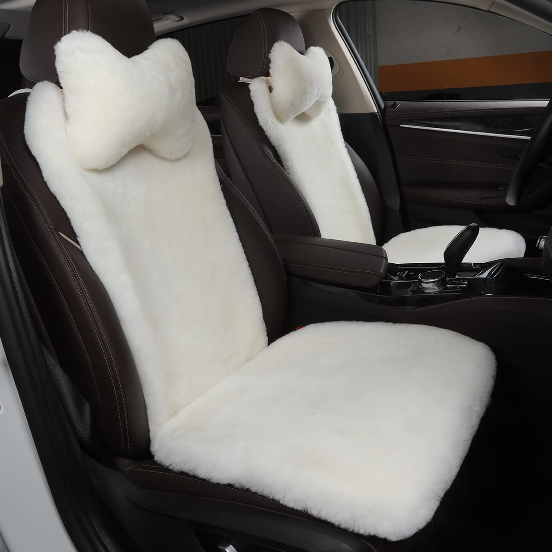 2Pack White Fuzzy Sheepskin Car Seat Covers | Soft Fur Genuine Wool Cushion