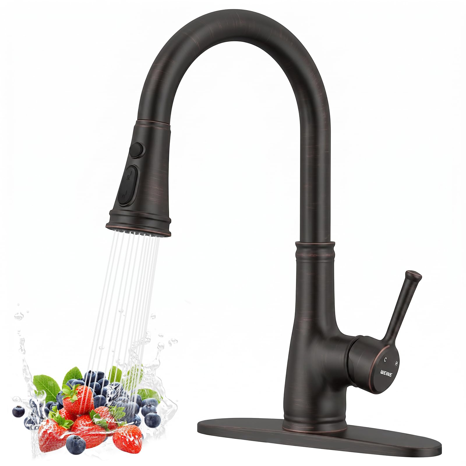 WEWE Vintage Kitchen Faucet, Pull-Down Sprayer, Oil Rubbed Bronze, High Arc