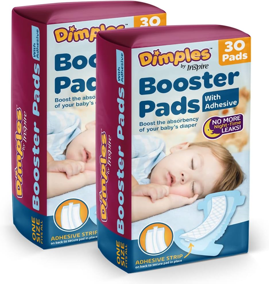 Dimples Booster Pads, Baby Diaper Doubler with Adhesive for Secure Fit | 1 Size Fits All Diapers | Boosts Absorbency No More leaks 60 Count