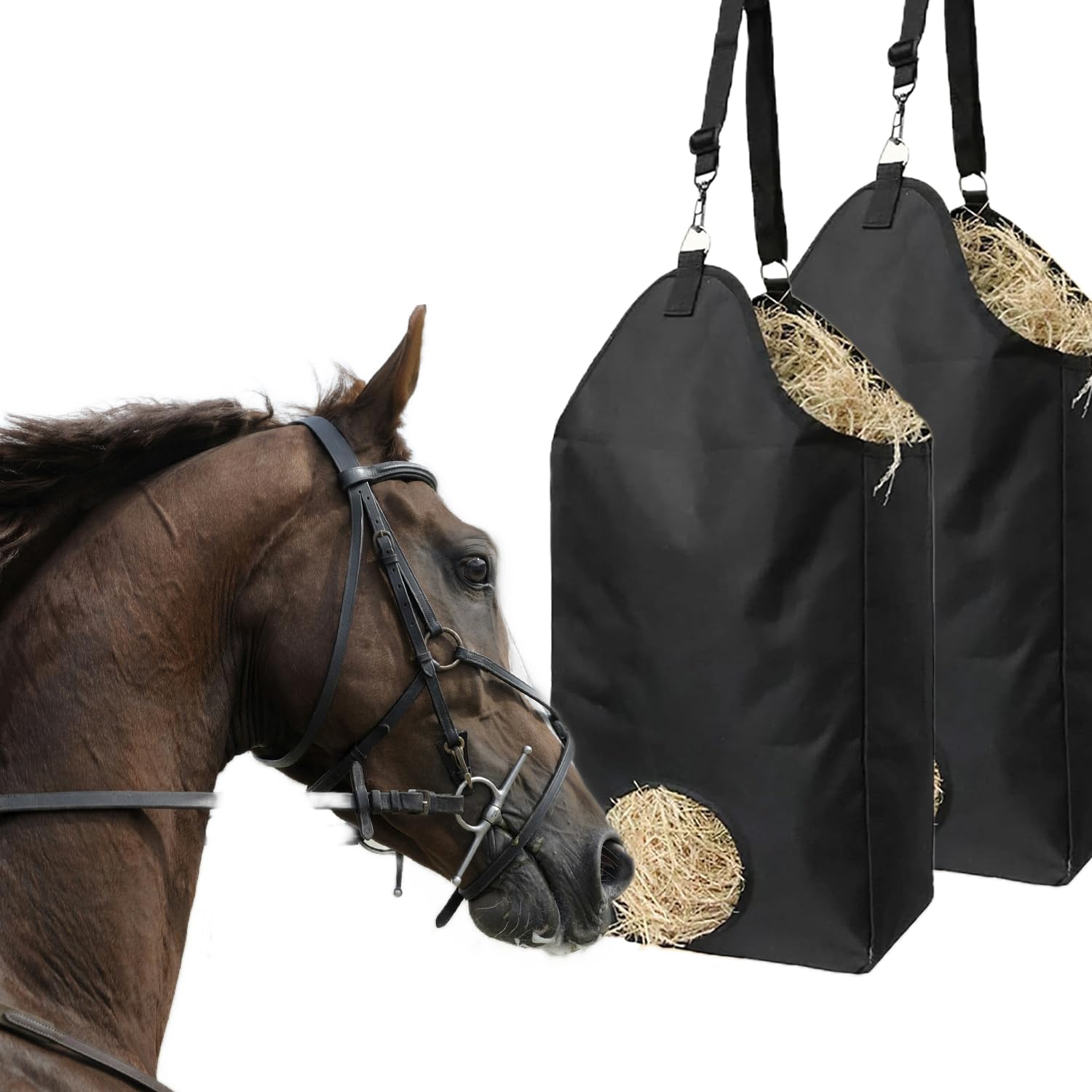XONYOOM 2 Pcs Goat Hay Feeder Horse Hay Bags Large Capacity Feeding Bag, Hay Nets Slow Feed Hay Bag Less Hay Waste Tote Bag with Metal Ring and Adjustable Strap for Sheep, Goats, Horses