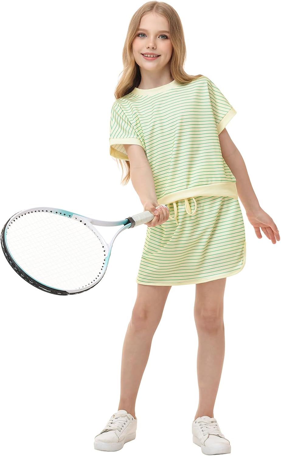 Girls 2 Piece Outfits Summer Short Sleeve Tops Skort Skirt with Built-in Shorts Set Casual Matching Sets