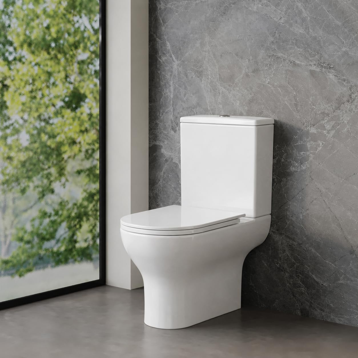 Closed Coupled Comfort Height Rimless Toilet Suite, White Ceramic, Soft Close Heavy Duty Seat, Chrome Dual Flush Cistern, Water Saving