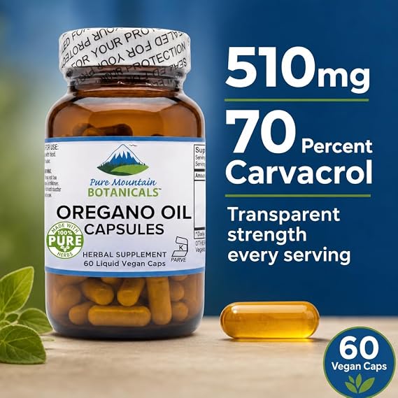 Pure Mountain Botanicals Oregano Oil Capsules - 60 Vegan Caps - 510mg Oil of Oregano - Carvacrol 70% - Kosher Herbal Supplement