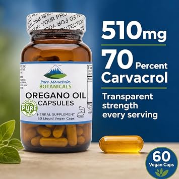 Pure Mountain Botanicals Oregano Oil Capsules - 60 Vegan Caps - 510mg Oil of Oregano - Carvacrol 70% - Kosher Herbal Supplement