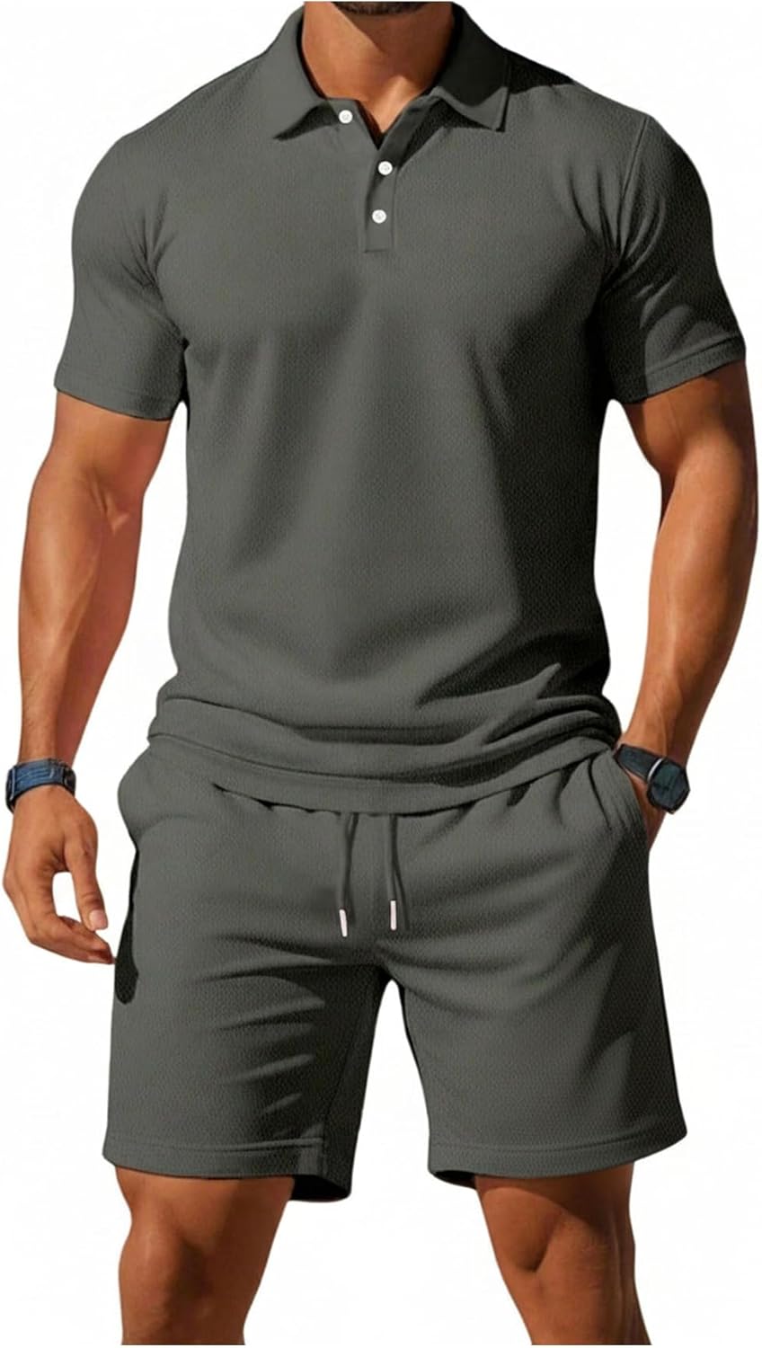 WDIRARA Men's 2 Piece Outfit Short Sleeve Collar Golf Shirt Drawstring Shorts Set Workout Athletic Tracksuit