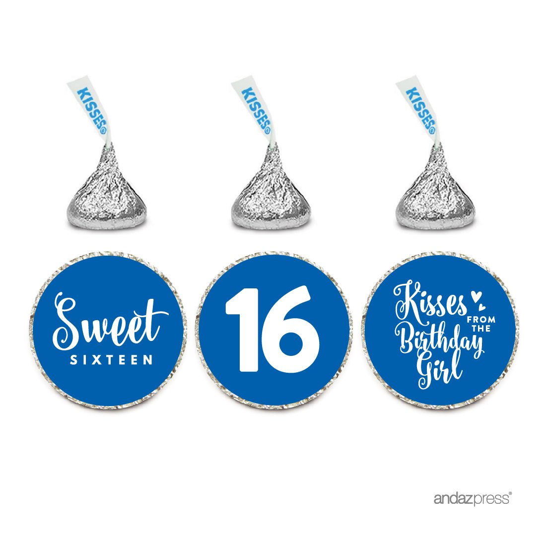 Andaz PressChocolate Drop Labels Trio, Fits Hershey's Kisses, Sweet 16 Birthday, Royal Blue, 216-Pack
