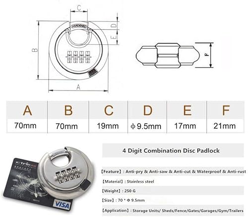 Miniatura 2 de Candado de disco de acero inoxidable de 4 dígitos (3 pulgadas) cerradura de combinación para exteriores para almacén, cobertizos, casilleros de