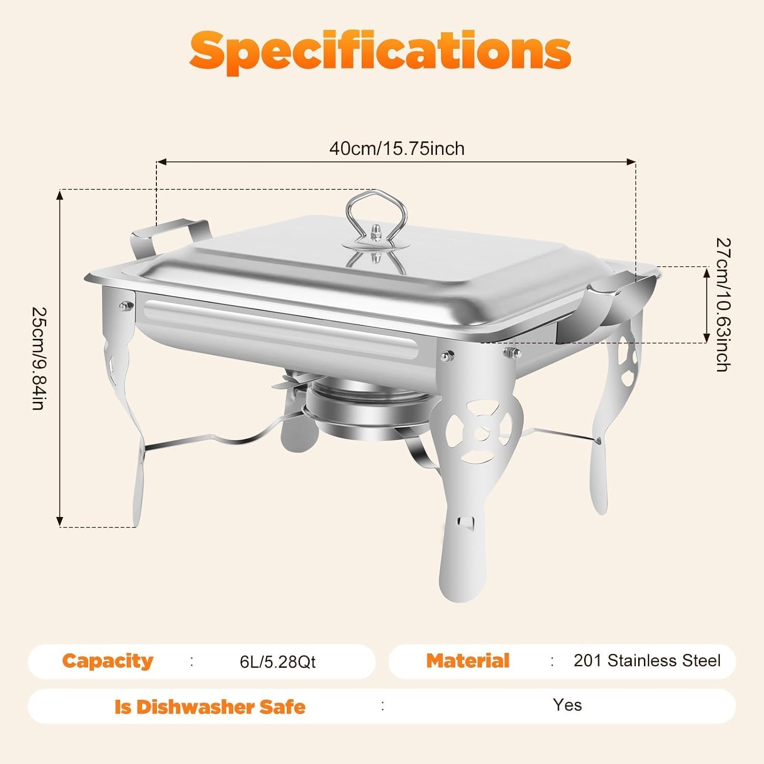 Scaldavivande in acciaio inox con coperchi, 6 l, utensili da portata per buffet per feste in ristorante, cene in famiglia, matrimoni, include porta carburante e padelle per alimenti