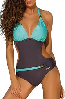 JFAN Mujer Traje de Una Pieza V-Cuello Top Halter Bikini Push Up Ropa de Baño Bloque de Color Retro Corte Alto Monokini