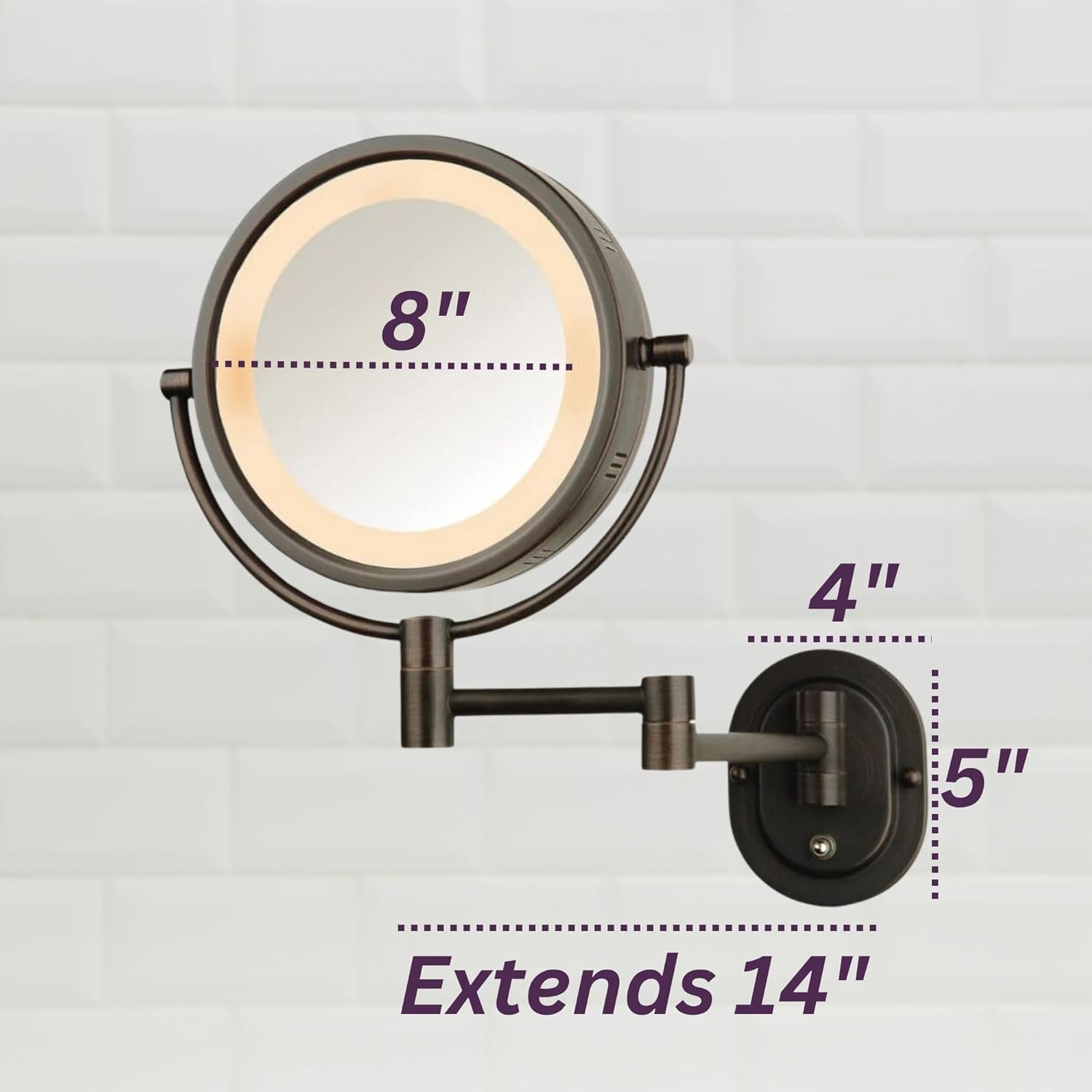 JERDON Wall-Mounted Magnifying Mirror with LED Lights - Lighted Makeup Mirror with 5X Magnification - Plug in - Bronze Finish, Model HL65BZ