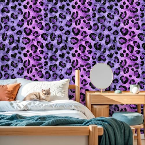 RAINFALLARING Peel and Stick Wallpaper Leopard Print Purple Glitter Galaxy
