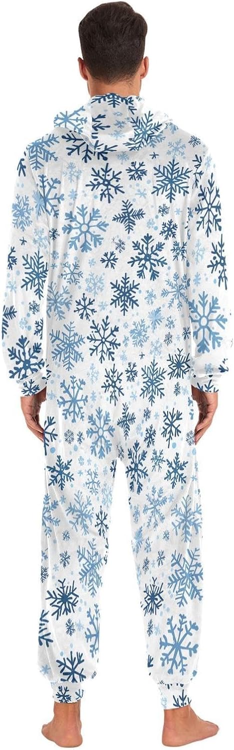 ZZKKO Winter Blue Snowflakes Adult Onesie Pajamas for Women Men Cozy One Piece Pajamas Costume Zip-Up Hooded S-XL