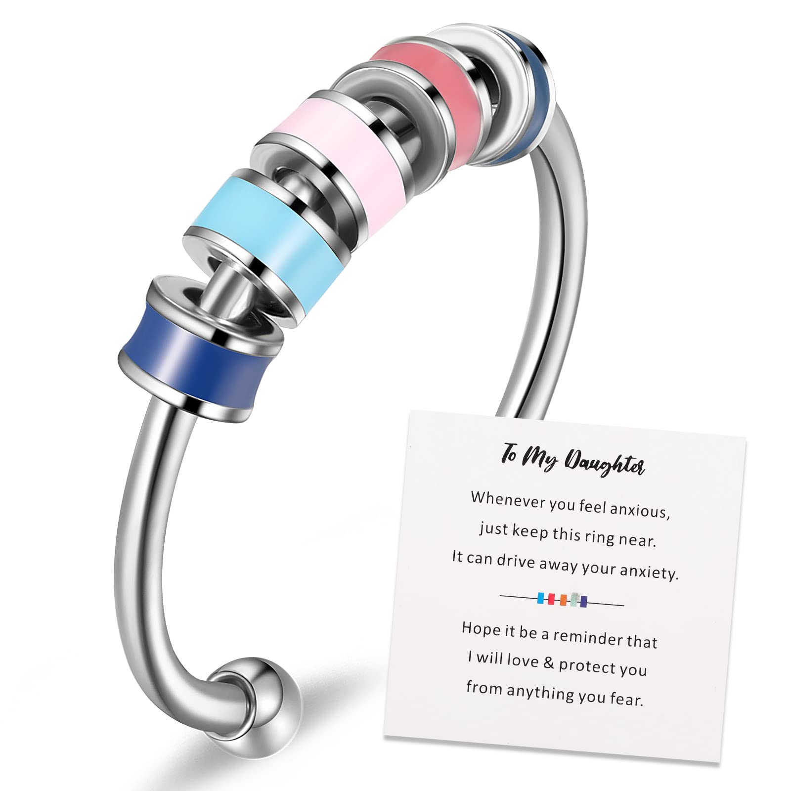 Herdear Anillo de Ansiedad de Esmalte Anillos de Ansiedad Abiertos Ajustables de Acero Inoxidable Anillo de Esmalte Giratorio Antiestrés con Cuentas Multicolores para Mujer Hombre