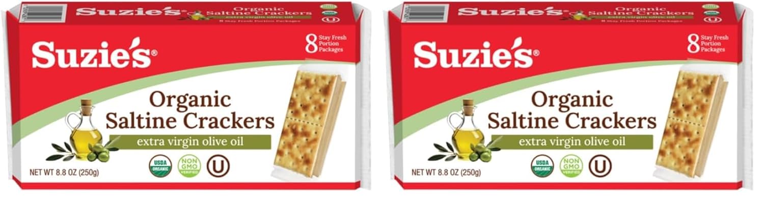 Suzie's, Organic Saltines, Salted Crackers, Salt & Extra Virgin Olive Oil Flavor - 8.8oz Pack (Pack of 2)