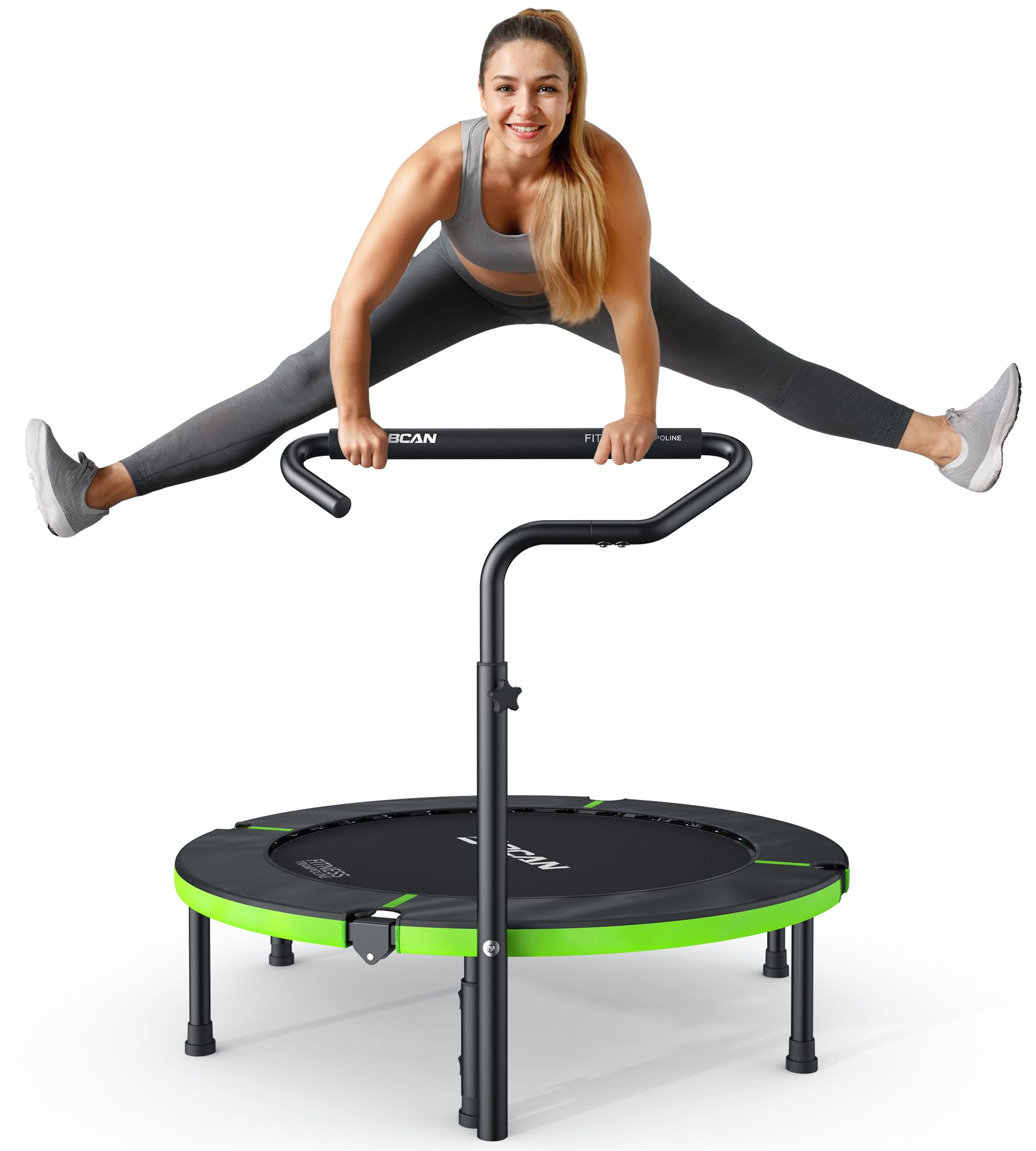 BCAN Trampolin Indoor, 102 cm Jumping Trampolin Fitness, Faltbar, Tragfähigkeit 150 KG, Verstärkte Feder, Verstellbarer Haltegriff mit Schaumstoffpolsterung, Geeignet für Erwachsene und Kinder