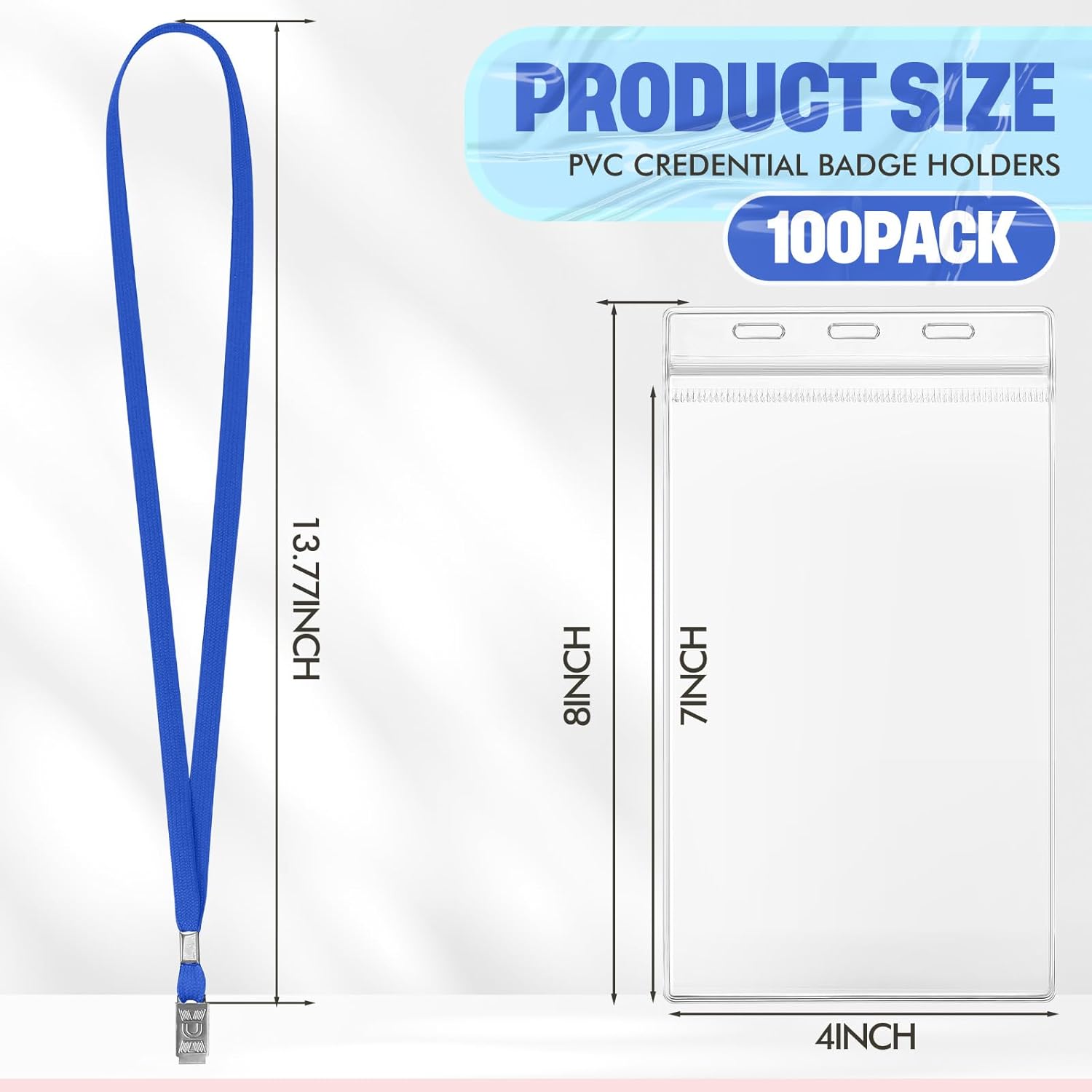 Patelai 100 Pcs Extra Large 4 x 8 Inch Badge Holders with Lanyard Bulk PVC Waterproof Card Holder Credential ID Protector Sleeves 3 Lanyard Slots at Top for Office Sporting Events Concert (Blue)
