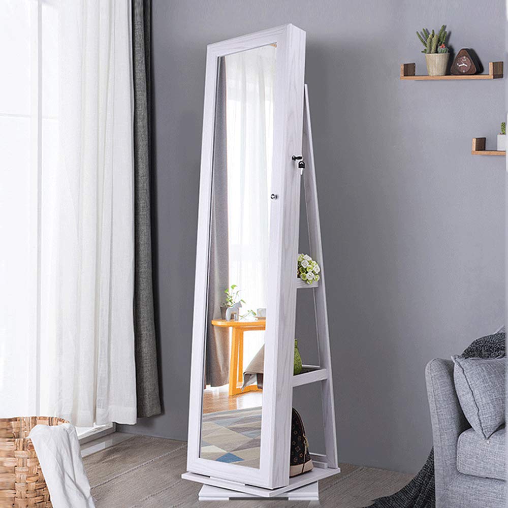 soges Armario Tocador con Espejo de Pie - Compartimento con Llave, 160 cm Altura, 360° Giratorio • Ideal para Joyas, Cosméticos y Bolsos • Perfecto para Dormitorio y Vestidor, Blanco