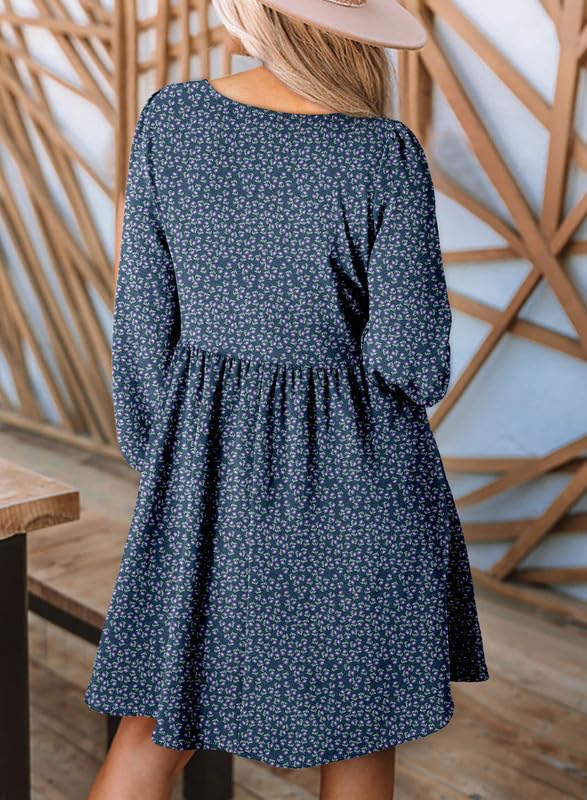 Image of Dokotoo Fall Dresses for Women 2026 Casual Long Sleeve Mini Dress | Smocked Crewneck, Button Up, Empire Waist, A-Line Hem, Solid Color, Floral Pattern