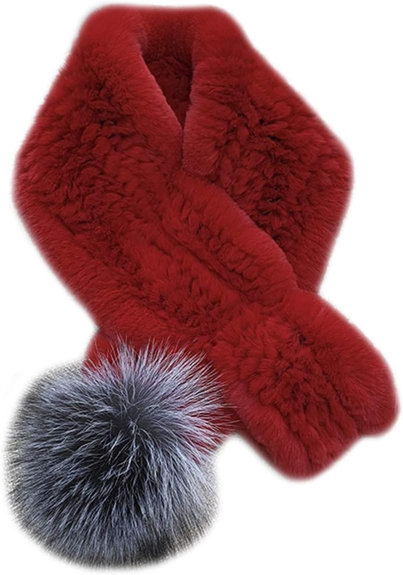 Womens Knitted Scarf Genuine Rex Rabbit Hair Neck Warmer Neckerchief with Fox Hair Pompom Winter