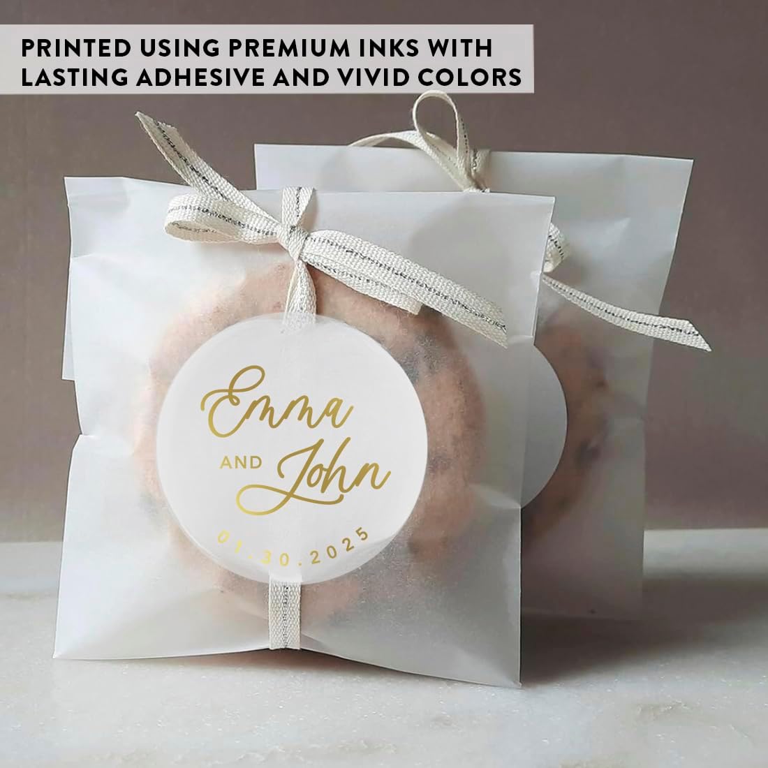 Andaz Press 2" Round Clear Personalized Wedding Stickers with Gold Ink, Custom Names Transparent Vinyl Custom Clear Stickers for Wedding Invitations, Personalized Stickers Favor Labels, Bulk 40-Pack