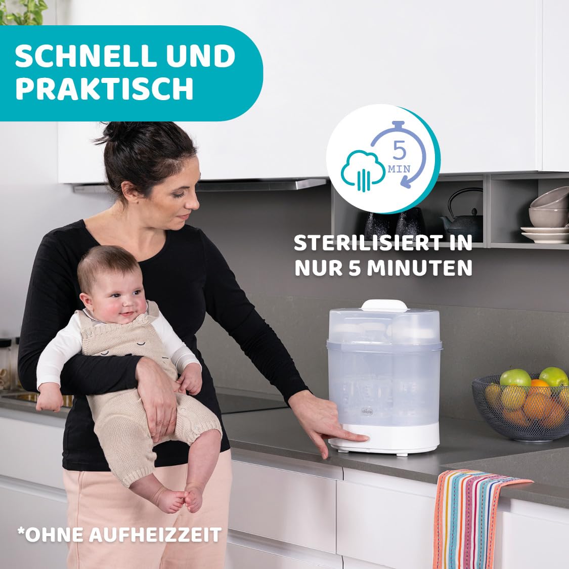 Chicco Modularer Dampfsterilisator 3 in 1, Babyflaschen-Sterilisator, Einstellbarer Dampfsterilisator für Babyflaschen, für Mikrowelle, mit 3 Konfigurationen, Schnelle und Einfache Anwendung
