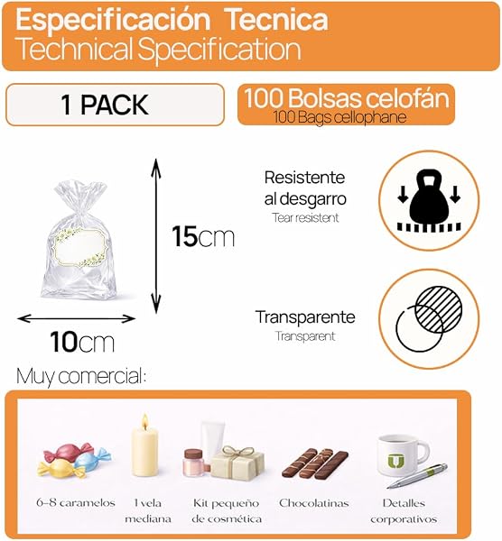 Ofituria Bolsas Celofán Transparente 10 x 15 cm, Bolsas Transparentes para Chuches y Regalos – Bolsas Plastico Transparente para Cumpleaños Infantiles, Galletas y Detalles, 1 Pack (100 Bolsas) - 2