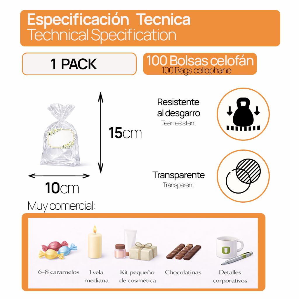 Ofituria Bolsas Celofán Transparente 10 x 15 cm, Bolsas Transparentes para Chuches y Regalos – Bolsas Plastico Transparente para Cumpleaños Infantiles, Galletas y Detalles, 1 Pack (100 Bolsas) — view 2