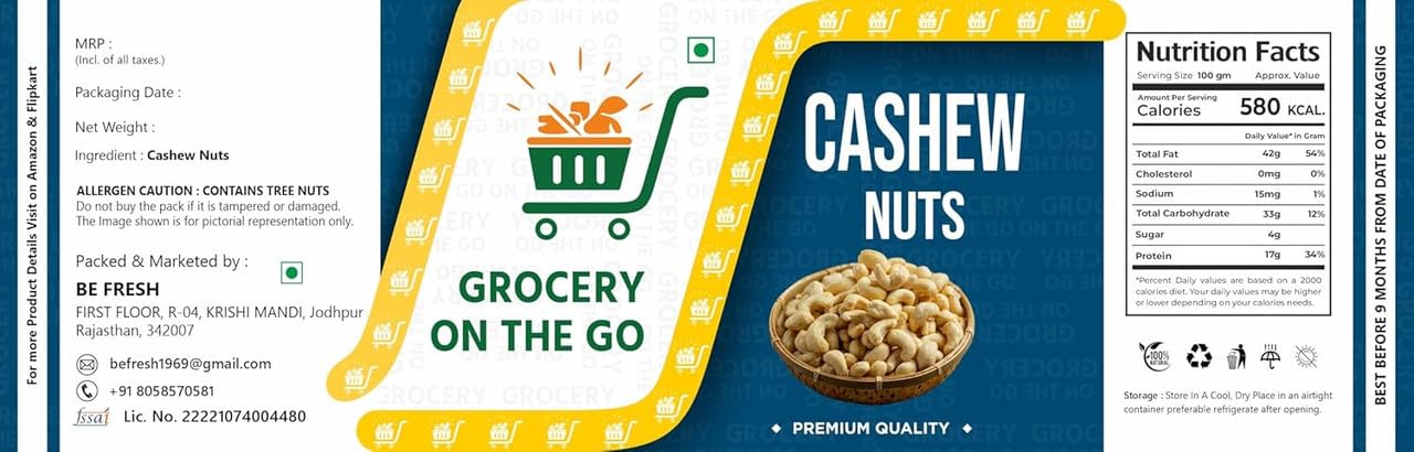 GROCERY ON THE GO Pure Cashews Whole/Kaju Whole Crunchy Cashew Healthy Snack Dry Fruits, Kaju, Gluten Free & High Protein 1kg 3