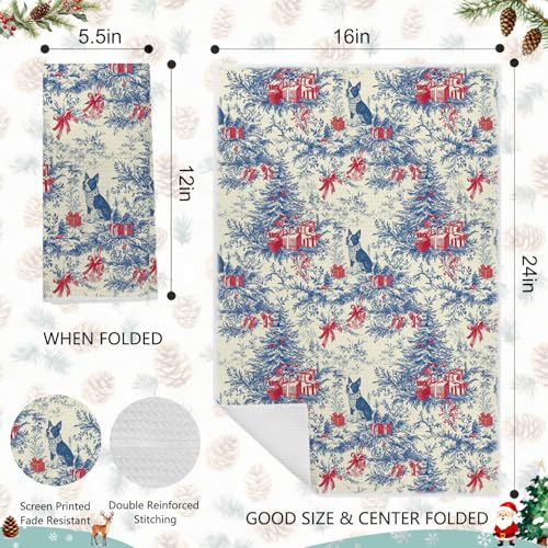 Image of Christmas Blue red Boston Terrier Kitchen Towels, Vintage Dog Lover Gifts Dish Tea Towels for Kitchen, French Chinoiserie Holiday Decorative Hand Towel for Bathroom, 16x24 Inch