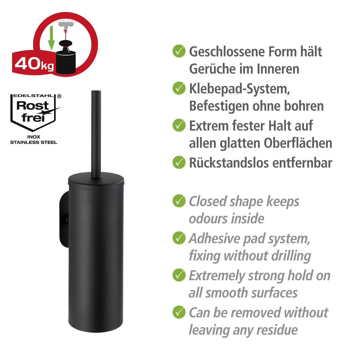 WENKO Turbo-Loc WC-Garnitur Mod. Orea mit Toilettenbürste und Halter aus rostfreiem Edelstahl in Schwarz matt geschlossen ohne Bohren Massive Qualität