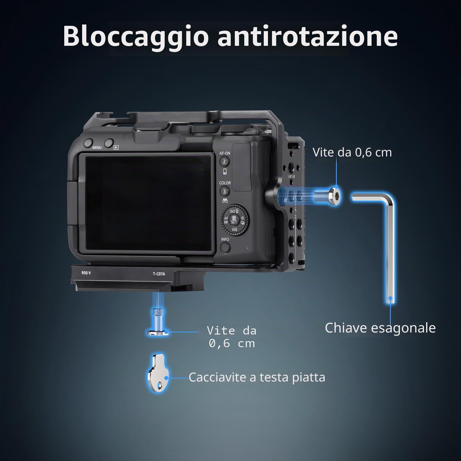 Nitze R50V Gabbia per Canon R50 V, Cage con Adattatore per Slitta a Contatto Freddo e Impugnatura Ergonomica in Silicone Integrata, Sgancio Rapido per Arca, Supporta le Riprese Verticali - T-C07A