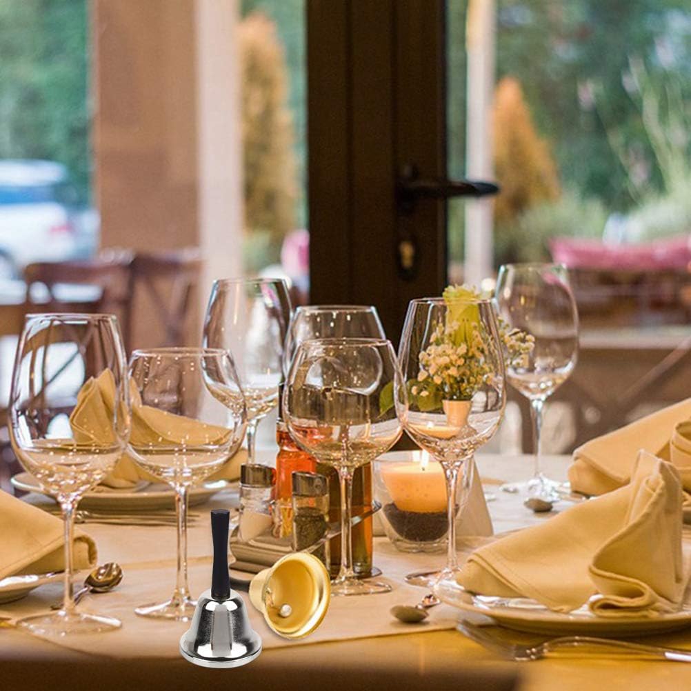 12Pcs Hand Bells Silver and Gold Steel Service with Black Wooden Bell for School Church Adults Classroom Wedding Decorative -