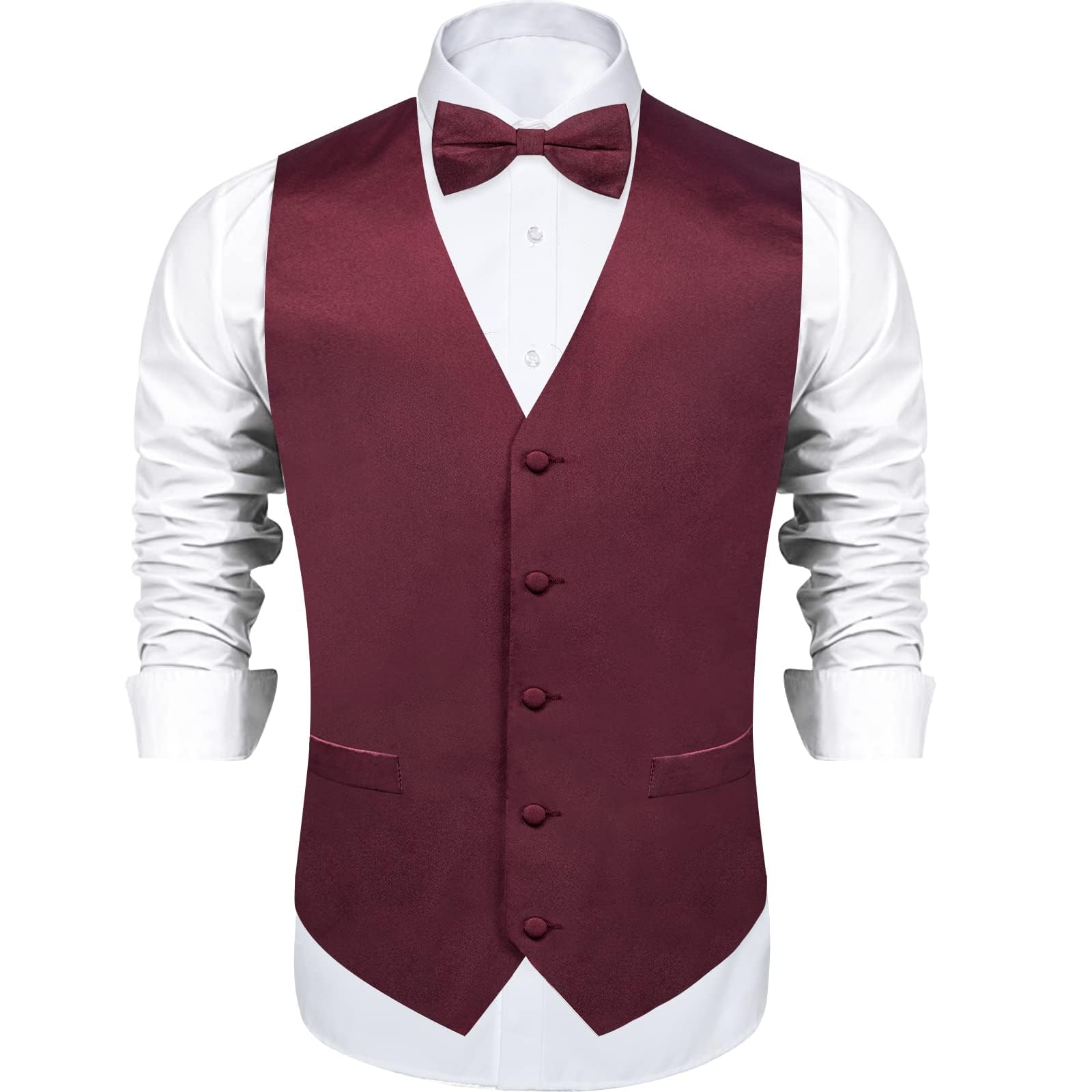 DiBanGu Mens Satin Vest and Bowtie Lapel Pin Set for Suit or Tuxedo,Solid Dress Waistcoat & Pre-tied Bowtie for Wedding Party