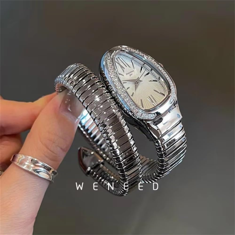 Orologio classico a forma di serpente da donna, oro e argento, cinturino scalabile, orologi al quarzo con diamanti brillanti