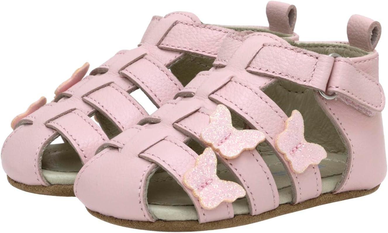 Robeez First Kicks Baby Girl and Unisex Sandals for Infant/Toddlers - 0-24 Months, Mariposa Light Pink Leather, 12-18 Months