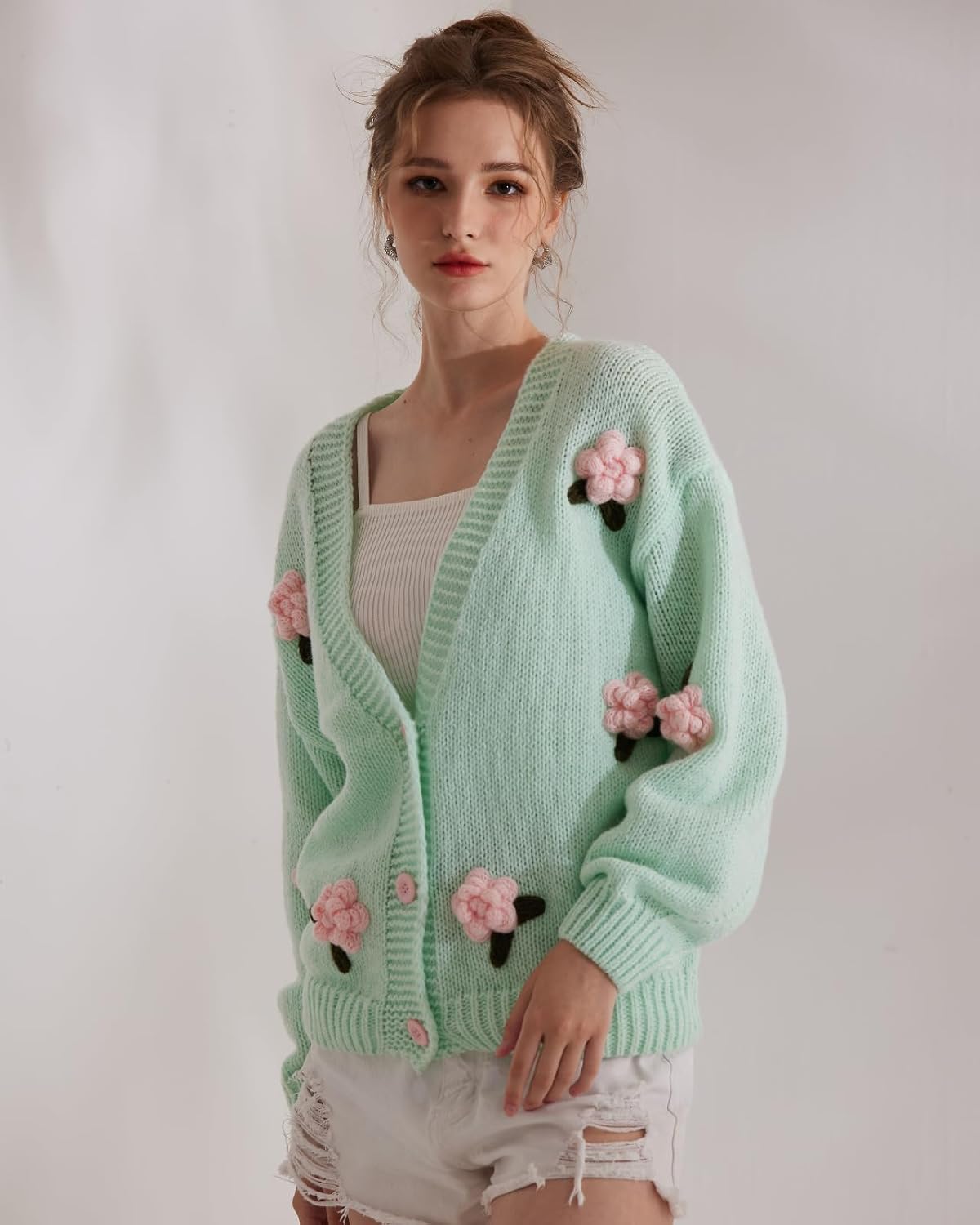 Cardigan Sweater for Women, Long Sleeve V-Neck Button Knit Flower Outfit - Image 5