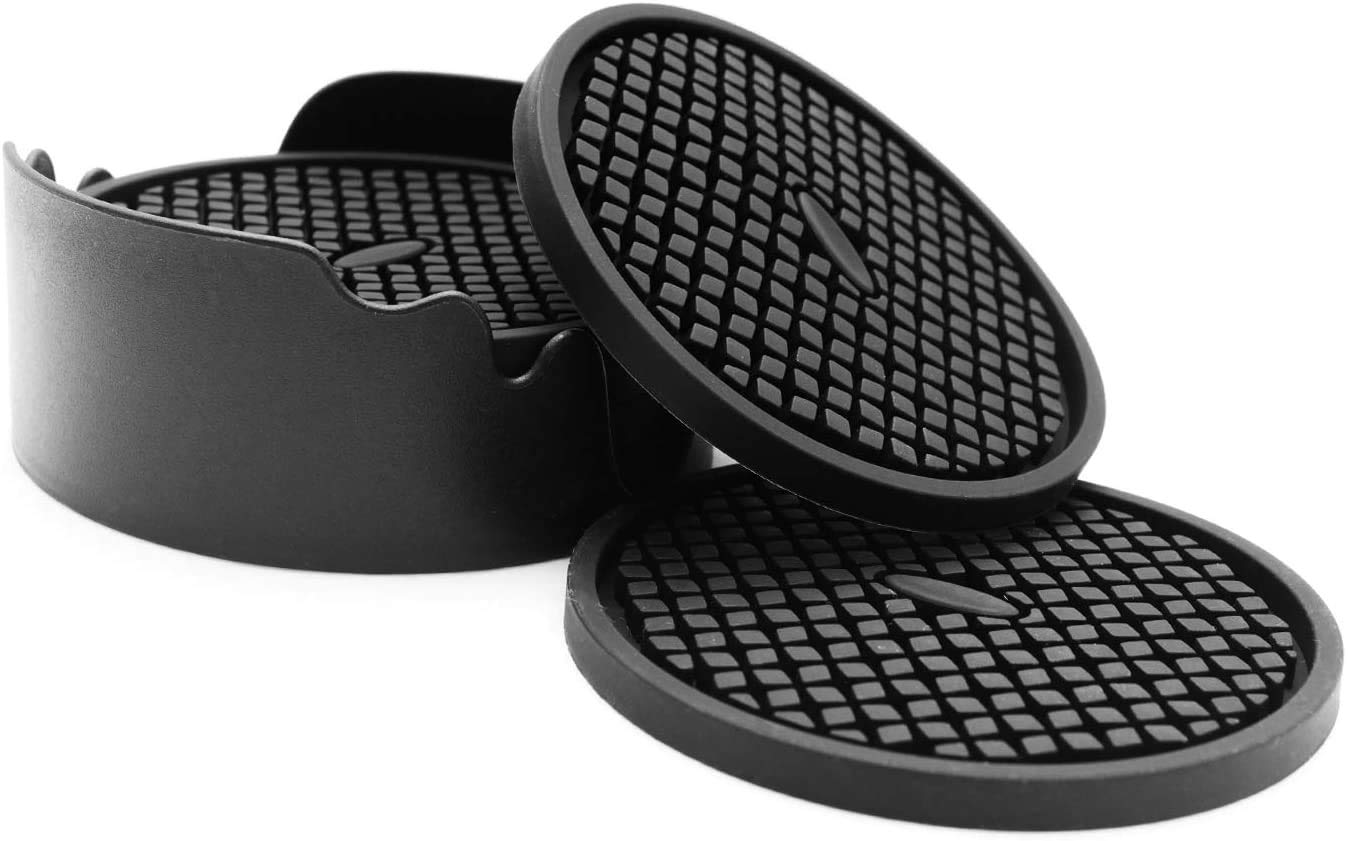 Set of 6 Silicone Drink Coasters with Holder - Deep Grooved, Absorbent, Large 4 inch Round Cup Mat - Perfect for Hot and Cold Drinks (Black)