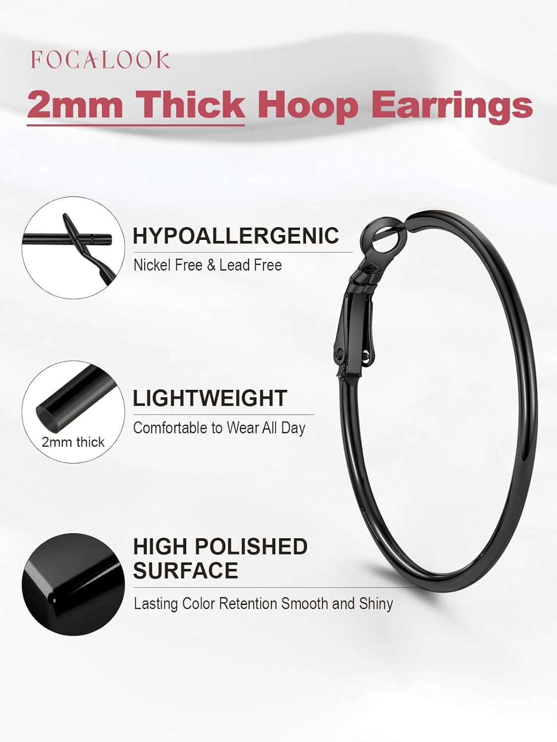 FOCALOOK 14K Gold Plated Lightweight Large Hoops| 2mm Thin Hoop Earrings for Women 30/40/50/70/100mm - Image 4