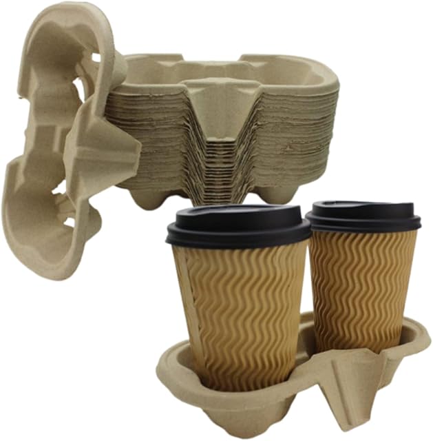 Signature Coffee Carriers 2 Cup Holders (105 Pack) Biodegradable Drink Carrier - Molded Pulp Fibre Cup Holder Tray for Take-Away Restaurants Shops and Cafes - Strong and Sturdy To-Go Drink Tray