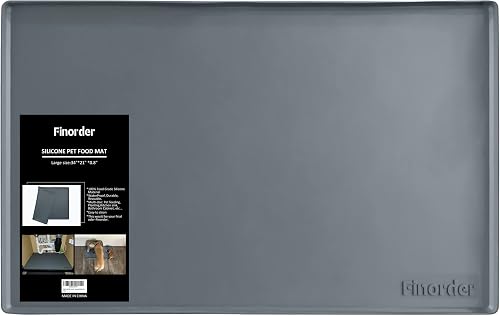 Finorder 34''x 21'' 100% Silicone Pet Feeding Mat, Higher Raised Edges and Slip Resistant Pet Food and Water Bowl Mat, Waterproof Pet Food Placemat Silicone Tray, Dishwasher Safe (Grey)