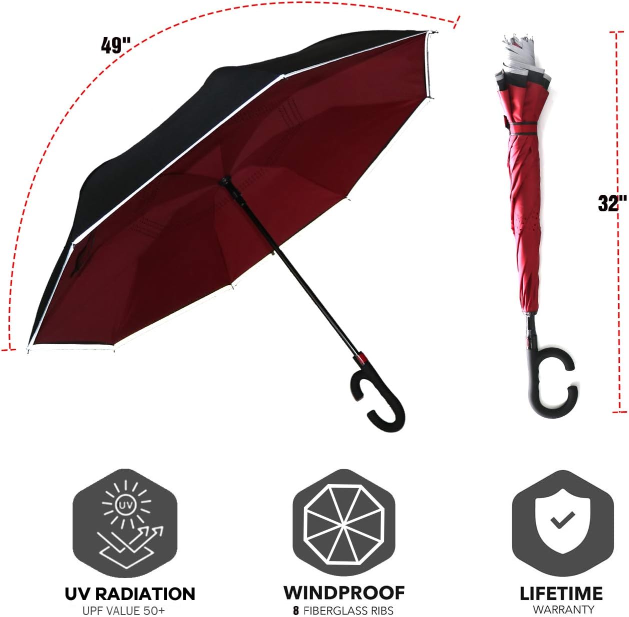 SIEPASA Auto-Open Reverse Umbrella, Umbrella Windproof, Inverted Umbrella, Umbrellas for Women with UV Protection, Upside Down Umbrella with Safe Reflective Stripe (Burgundy,Auto)