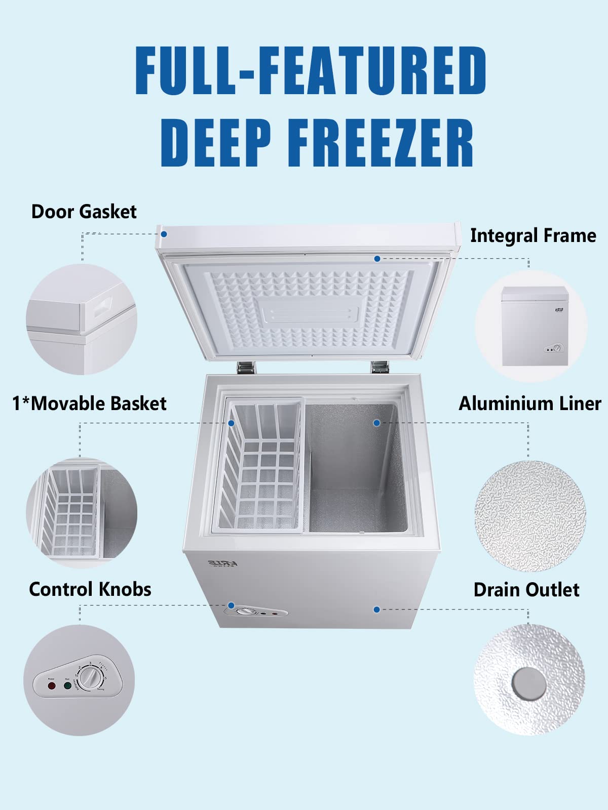 Krib Bling 3.5 Cu.Ft Deep Compact Freezer With A Removable Basket, Chest Freezer 7 Gears Temperature Control(-18°F To -46°F), For House, Garage, Kitchen, Basement, Shop, White on Fridge.com - View 5