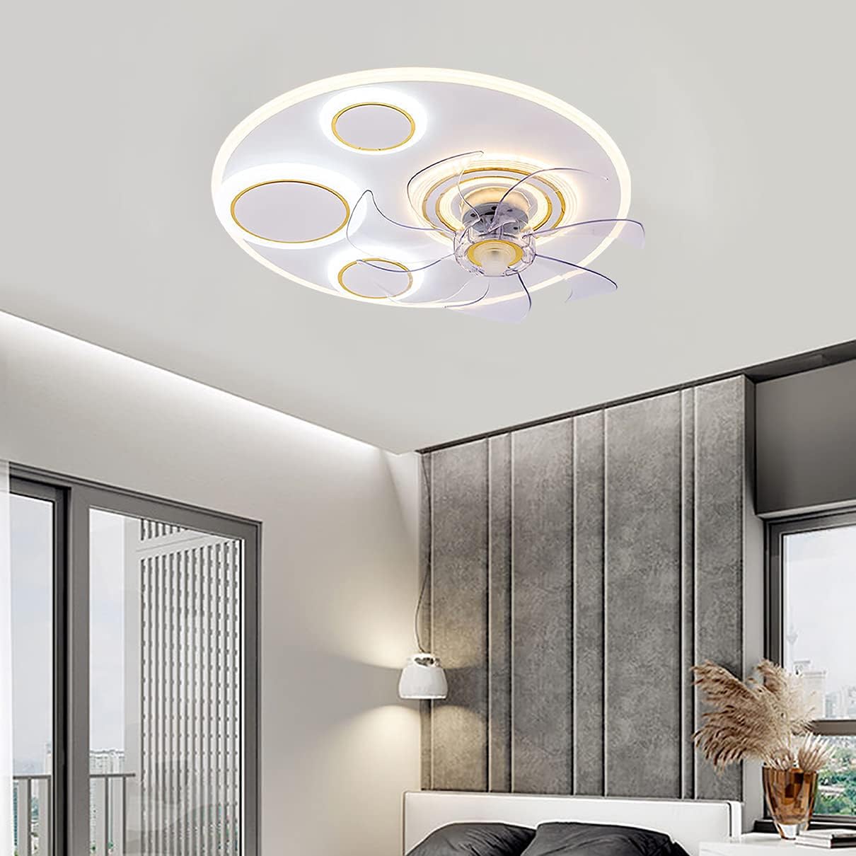 YUEGOO Ceiling Fan with Light Silent 3 Speeds Bedroom Led Dimmable Fan Ceiling Light with Remote Control Ultra-Thin Modern Living Room Quiet Ceiling Fan Light with Timer/C