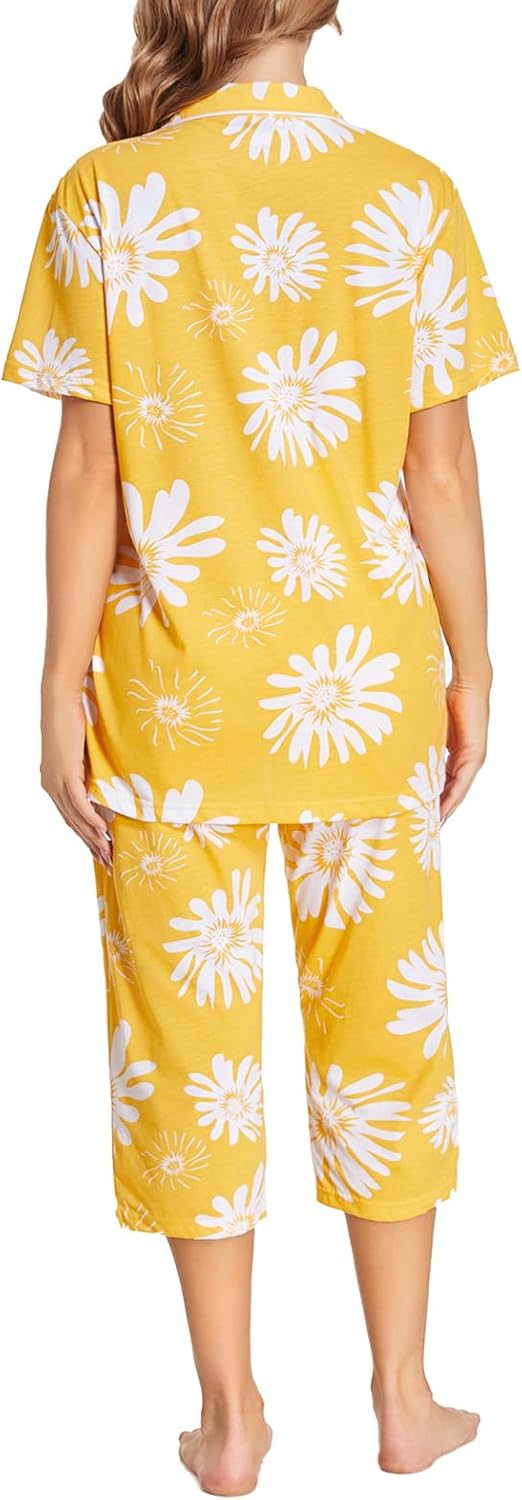Tugege Capri Pajamas Set Womens Button Down Short Sleeve Lounge Sets Sleepwear Notch Collar Top & Capri 2 Piece PJ Sets - Image 4