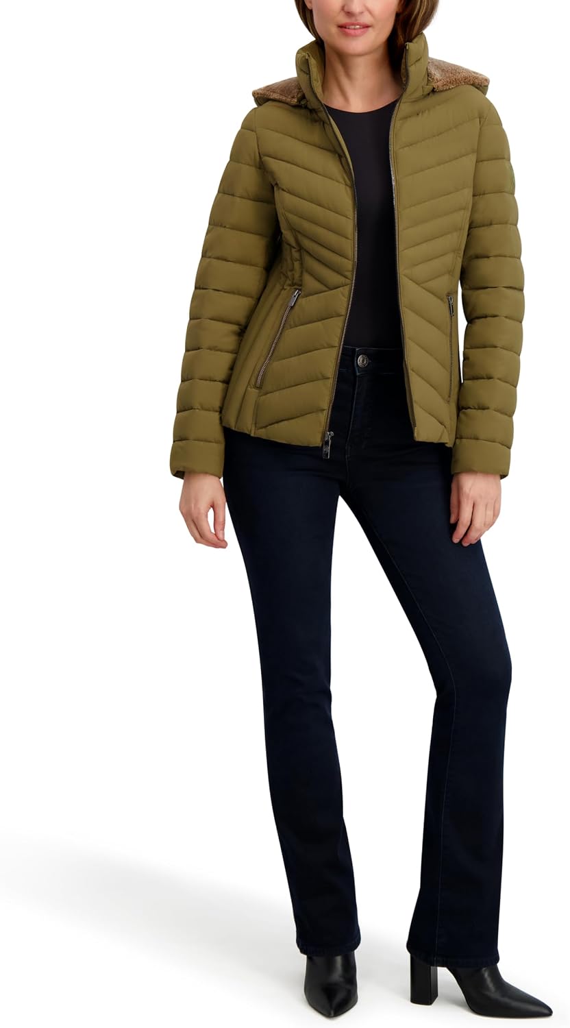 Nautica Women's Stretch Puffer Jacket –detachable Faux Fur Hood Midweight Water-resistant Coat