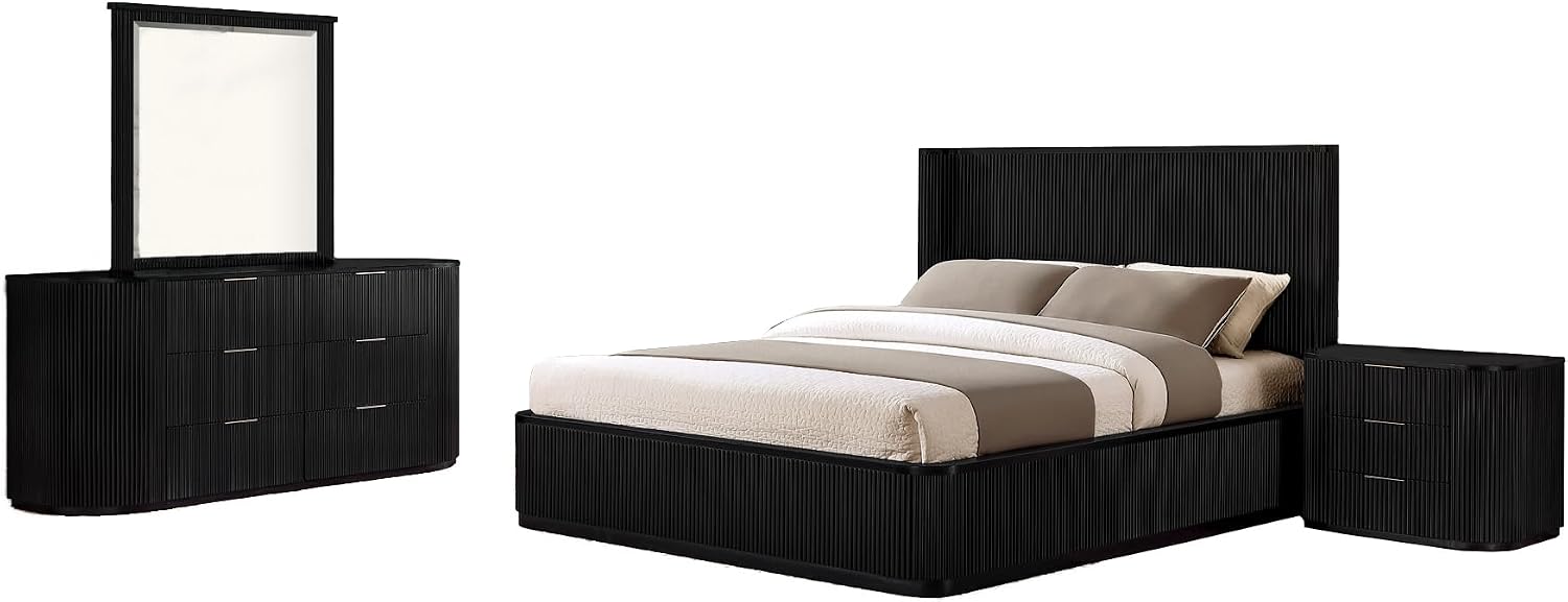 Quintet 5-Piece Modern Mid Century Fluted Bedroom Furniture Set - Black