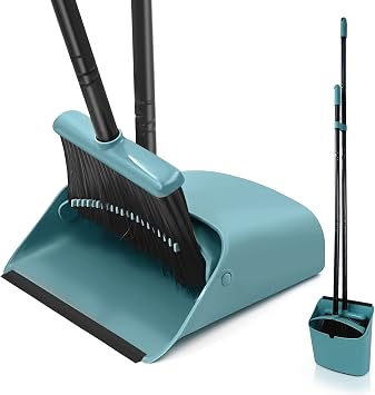 JEHONN Broom with Dustpan Combo Set, Long Handle Lightweight Indoor Broom Set, Upright Standing Dust Pan with Comb Teeth Store Sweep Set for Home Room Kitchen Office Lobby Grey-Green