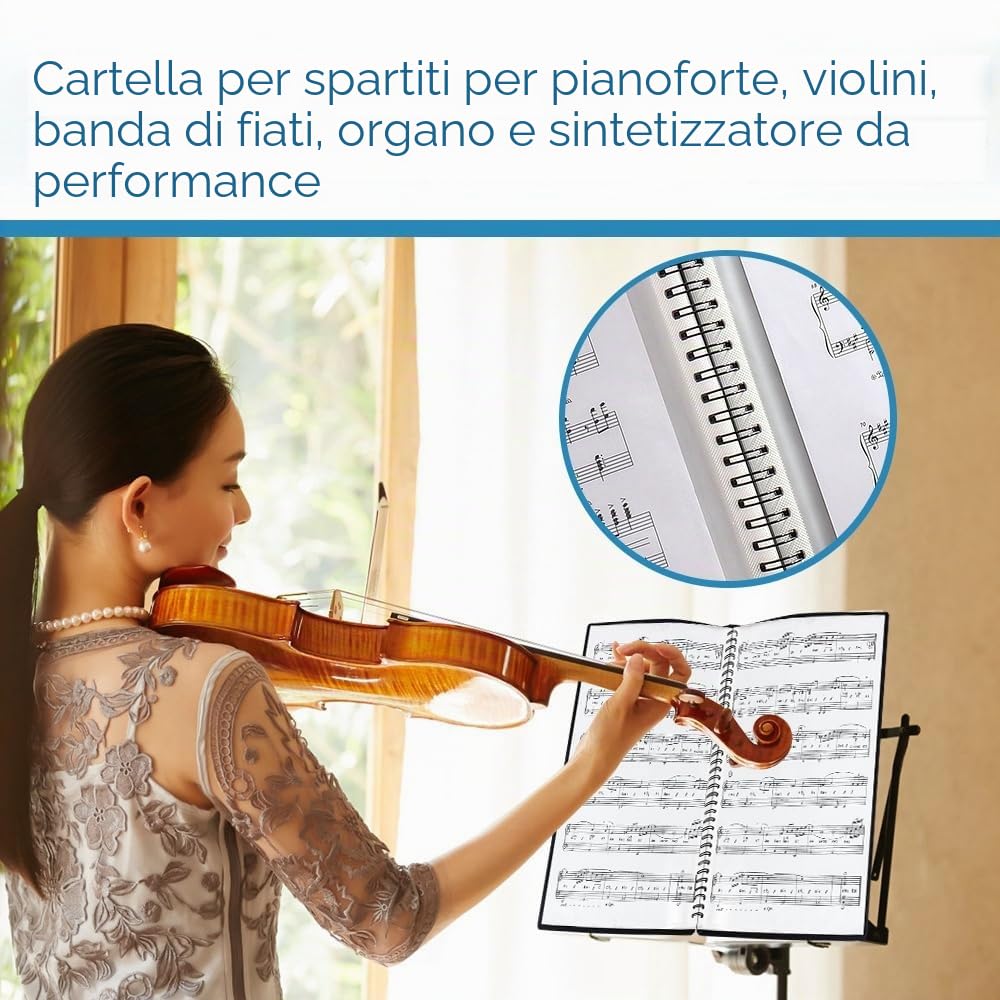 ADERTOS Raccoglitore Porta Spartiti Musicali, A4 Cartelle Portaspartiti, Porta Spartiti per Pianoforte, 50 Tasche/100 Pagine, con 2 Clip, per Spartiti, Pianoforte, Chitarra, Violino